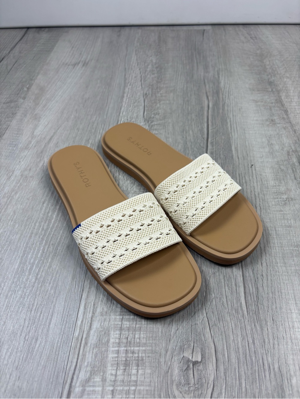 Rothy's Cream Crochet Strap Tan Footbed Slide Sandals